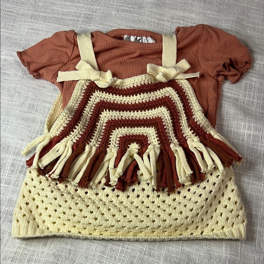 RARE EDITIONS CROCHETED FRINGE BOHO TOP